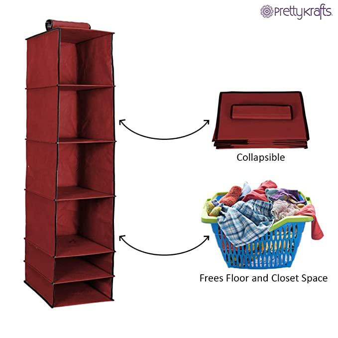 Organizer- 6 Shelves Foldable Hanging Wardrobe Organizers, maroon - ByondBasket