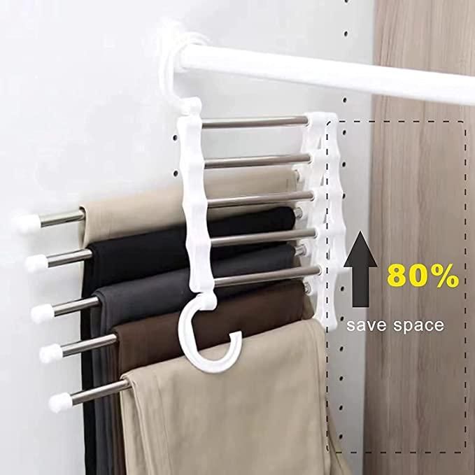 Hanger- 5 Layer Hanger Space Saving Non-Slip Cloth Organizer , 5 In 1 Multifunctional Layer Pant Rack For Trouser Scarf And Travel Storage - ByondBasket