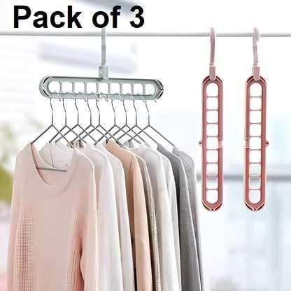 Hanger-Plastic Multi Functional Adjutable & Folding Clothes Hanger Holder Portable Anti-Slip Storage Rack Space Saving Hook for Garment Drying (Multicolor, Pack Of 3) - ByondBasket