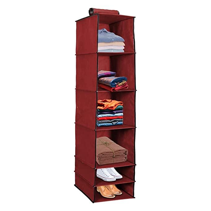 Organizer- 6 Shelves Foldable Hanging Wardrobe Organizers, maroon - ByondBasket