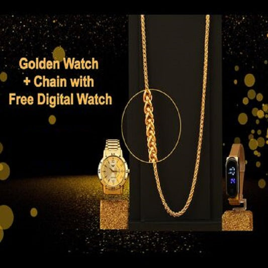 Fidato Golden Watch With Golden Chain with Magnetic Digital Watch Combo - ByondBasket