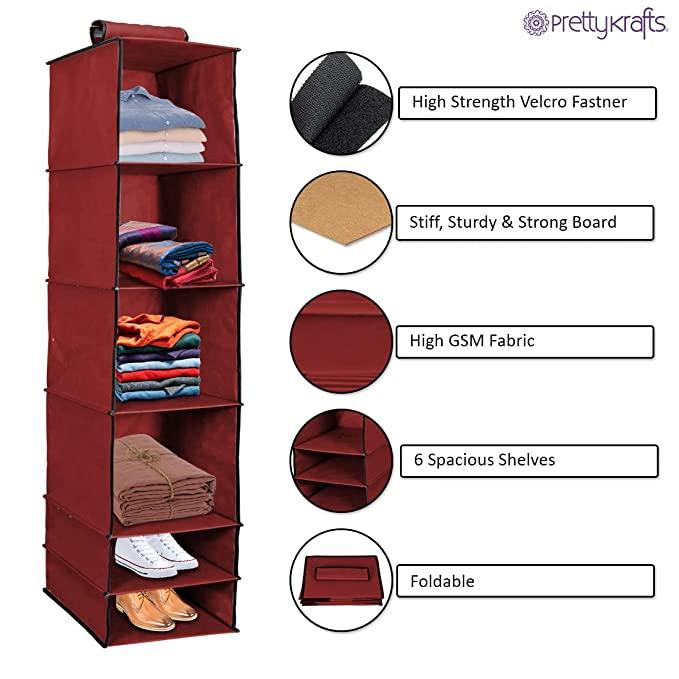 Organizer- 6 Shelves Foldable Hanging Wardrobe Organizers, maroon - ByondBasket