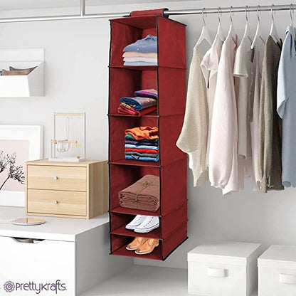 Organizer- 6 Shelves Foldable Hanging Wardrobe Organizers, maroon - ByondBasket