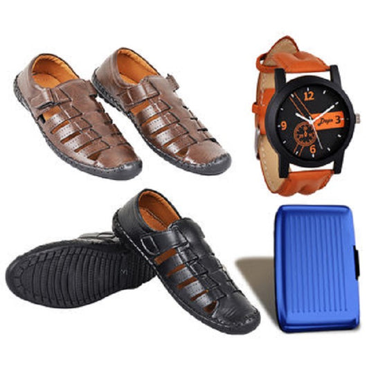 Fidato Leatherite Sandal With Leatherite Watch And Wallet Combo - ByondBasket