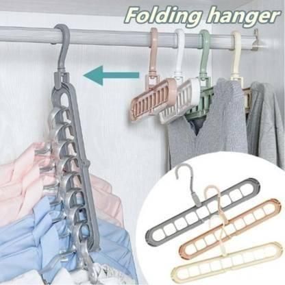 Hanger-Plastic Multi Functional Adjutable & Folding Clothes Hanger Holder Portable Anti-Slip Storage Rack Space Saving Hook for Garment Drying (Multicolor, Pack Of 3) - ByondBasket