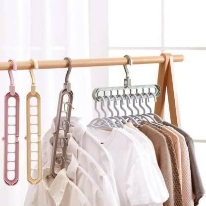 Hanger-Plastic Multi Functional Adjutable & Folding Clothes Hanger Holder Portable Anti-Slip Storage Rack Space Saving Hook for Garment Drying (Multicolor, Pack Of 3) - ByondBasket